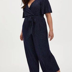 Dark Blue & Multi Stripe Shimmer Surplice Jumpsuit